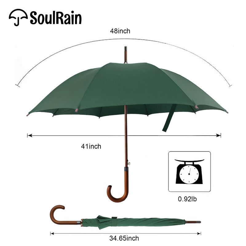 SoulRain 48" Large Umbrella â€“Windproof Stick Umbrellas for Rain, Automatic Open, Vintage Cane green Umbrella with Classic Wooden Handle & Shaft,for Women & Men(Green) - Image 4